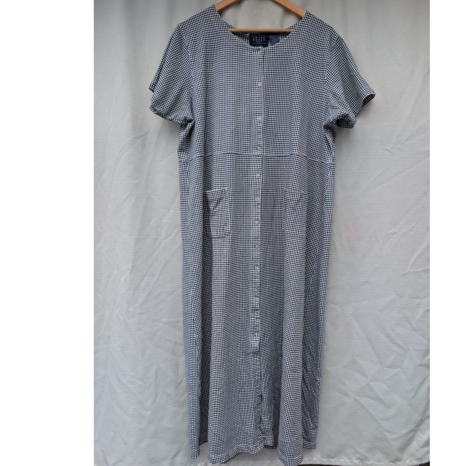 Crazy Horse Liz Claiborne Gingham Dress 1x Black White Snap Front Pocket Maxi